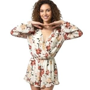 Etiquette Romper Pink Floral Ruffle Sheer Sleeves Deep V Wrap‎ Flowy Feminine